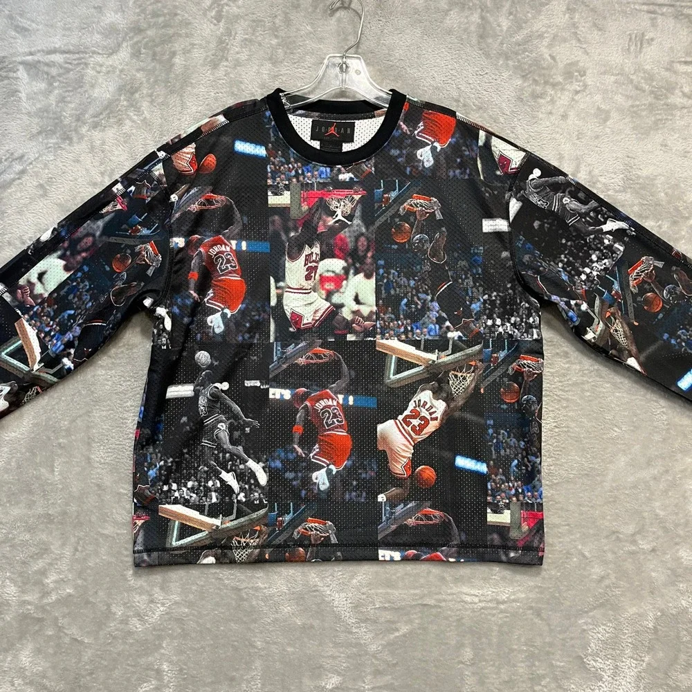 Air Jordan Flight Long Sleeve Shirt Mens M Black All Over Print Mesh IF1831-010